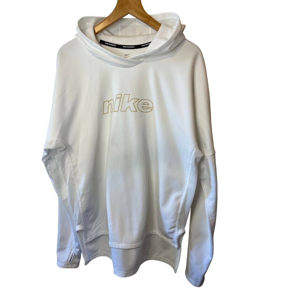 Nike Dry-Fit Activewear Athleisure White Vented Hoodie Glitter Gold Logo Medium